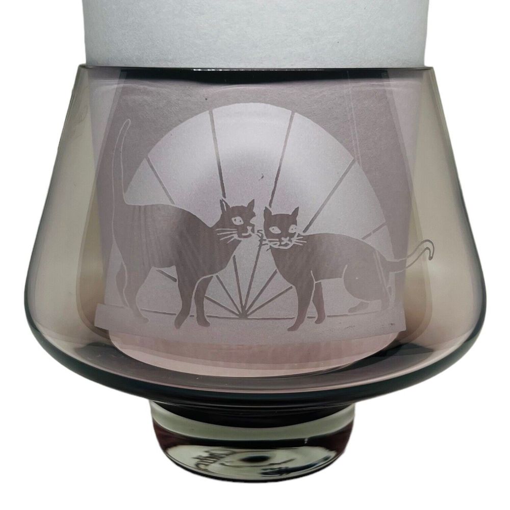 Caithness Handmade Footed Art Glass Signed Amethyst Purple Etched Cats Sun Rays